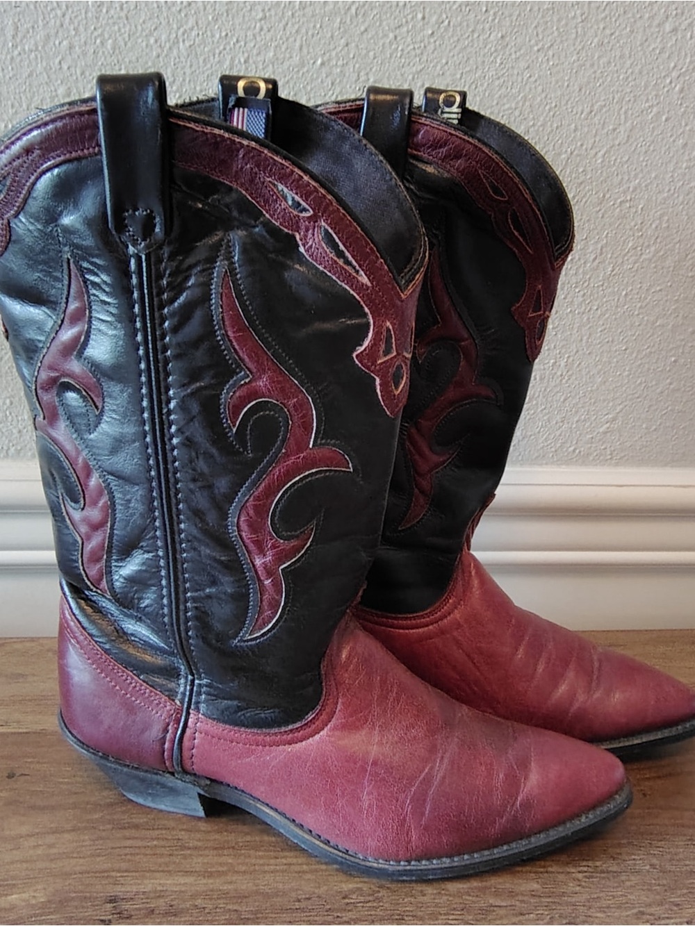 Vtg Dingo Western Leather Cowboy Boots Women 7 Black Two Tone Flame #17696 USA